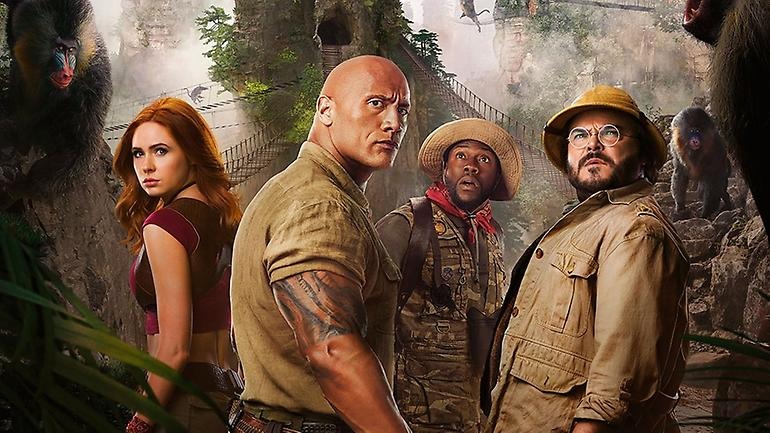 De fyra karaktärerna från filmen Jumanji - The next level står i Djungeln redo för kamp!